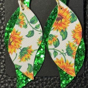Handmade sunflower print faux leather earrings
